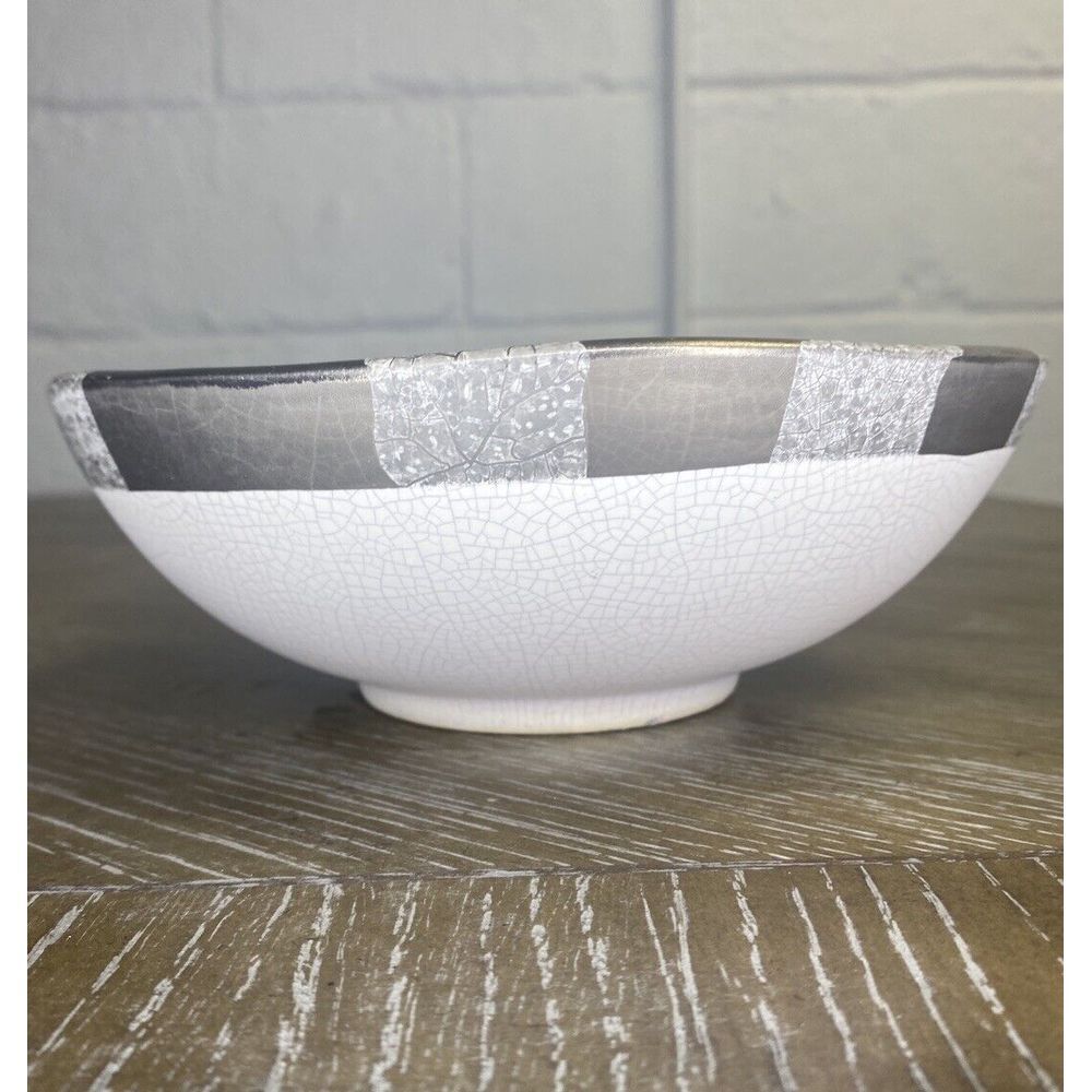 Michael Wainwright Art Pottery Ceramic Bowl Platinum Crackle Ivory Gray - Picture 7 of 15